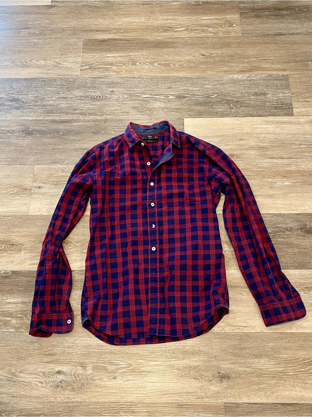 Mango Red and Navy Plaid Casual Button-Down Shirt
